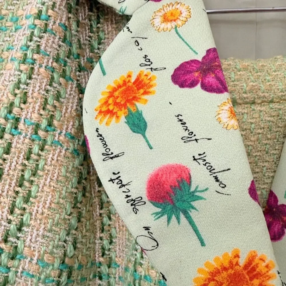 Dewilde Koos‎ New York Tweed Skirt Suit Floral Lined Blazer Green Size 10